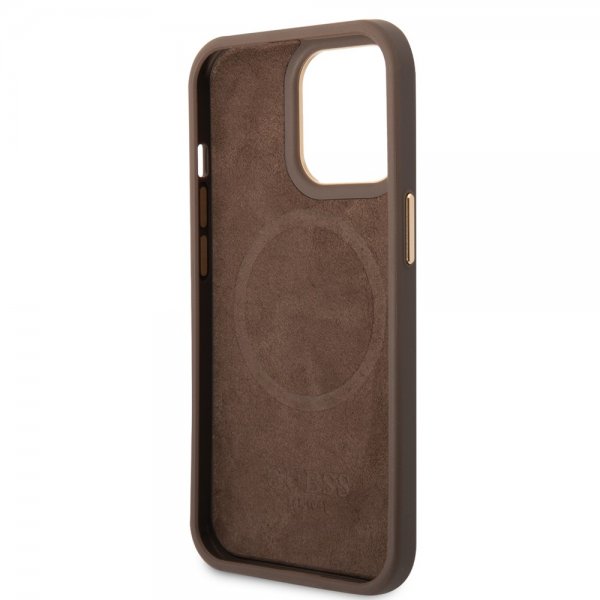 Guess iPhone 13 Pro -suojakuori, Metal Plate Logo, MagSafe, ruskea