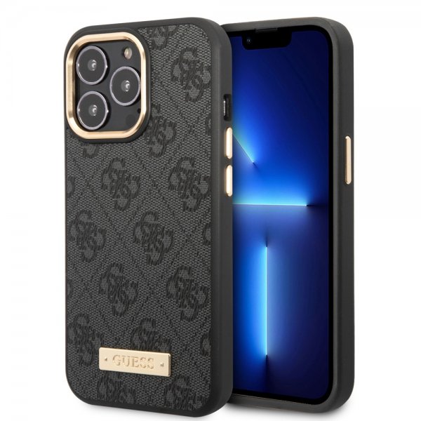 Guess iPhone 13 Pro -suojakuori, Metal Plate Logo MagSafe, musta