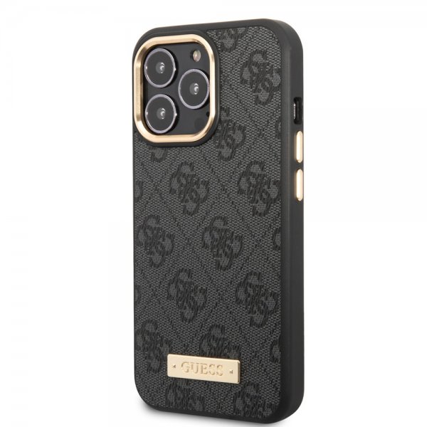 Guess iPhone 13 Pro -suojakuori, Metal Plate Logo MagSafe, musta