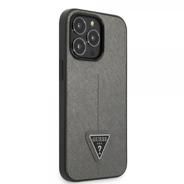 Guess iPhone 13 Pro Saffiano Metal Triangle Silver -suojakuori