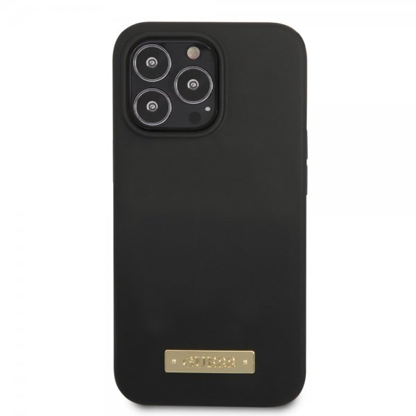 Guess iPhone 13 Pro -silikonikuori, metallilevy, MagSafe, musta