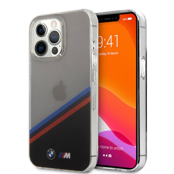 BMW iPhone 13 Pro -suojakuori, Tricolor Stripe, läpinäkyvä, musta