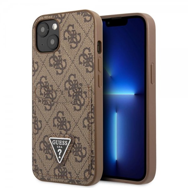 Guess iPhone 13 Kuori Double Cardslot Metal Triangle Ruskea
