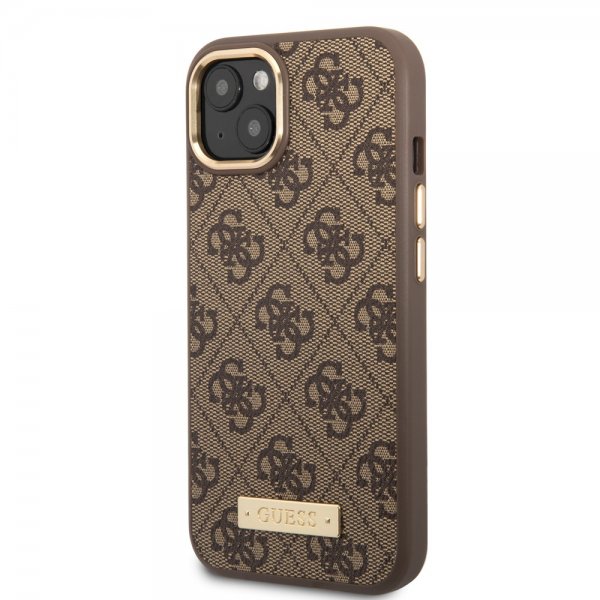 Guess iPhone 13 -suojakuori Metal Plate Logo MagSafe ruskea