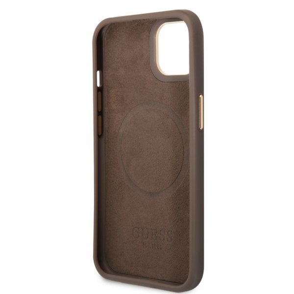 Guess iPhone 13 -suojakuori Metal Plate Logo MagSafe ruskea