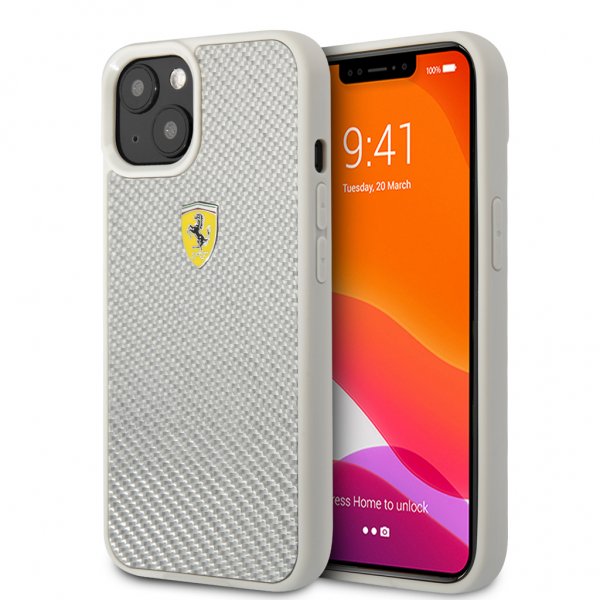 Ferrari iPhone 13 Kuori Aito Hiilikuitu Metalli Logo Hopea