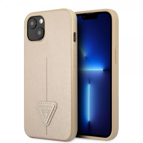 Guess iPhone 13 Kuori Saffiano Metal Triangle Beige