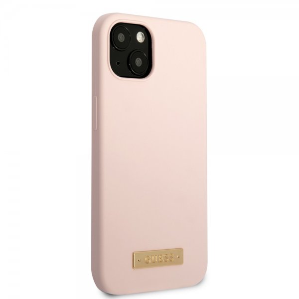 Guess iPhone 13 -kuori Silicone Metal Plate MagSafe, pinkki