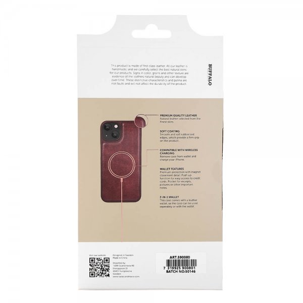 Buffalo iPhone 13/14/15 Kotelo 2-in-1 Irrotettava lompakko Ruskea
