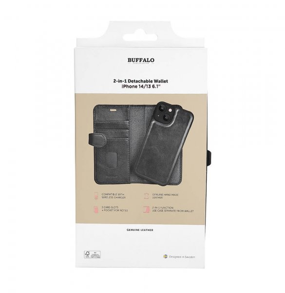 Buffalo iPhone 13/14/15 Kotelo 2-in-1 Irrotettava Lompakko Musta