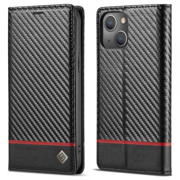 Lc.Imeeke iPhone 14 Plus -suojakuori, hiilikuitukuviointi, punainen raita vaakasuunnassa