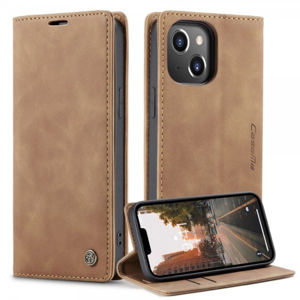 CaseMe iPhone 14 Plus Retro Flip -kotelo, ruskea