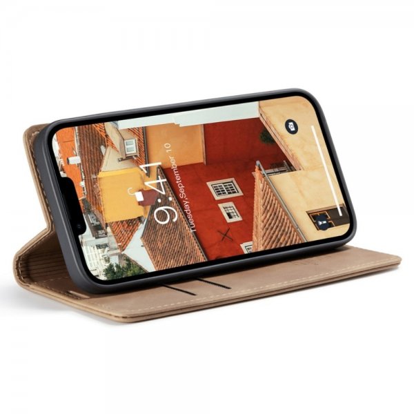 CaseMe iPhone 14 Plus Retro Flip -kotelo, ruskea