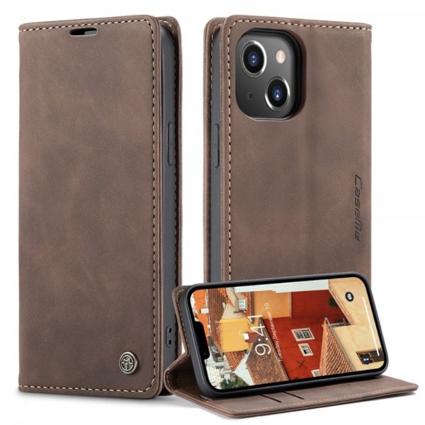 CaseMe iPhone 14 Plus Retro Flip -kotelo, kahvi