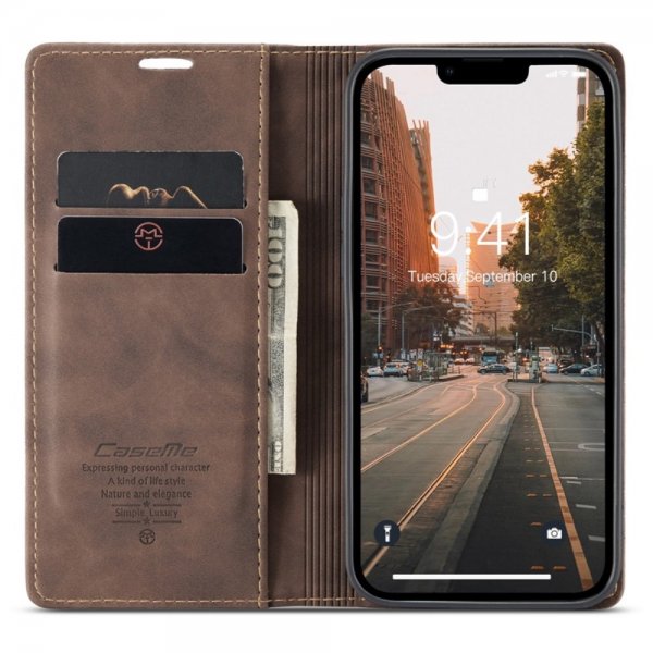CaseMe iPhone 14 Plus Retro Flip -kotelo, kahvi