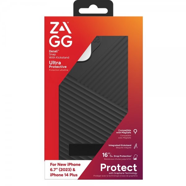 ZAGG iPhone 14 Plus/iPhone 15 Plus -kuori Denali Snap Kickstand Musta