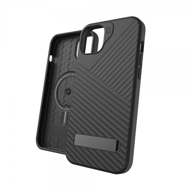 ZAGG iPhone 14 Plus/iPhone 15 Plus -kuori Denali Snap Kickstand Musta