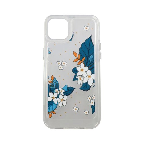iPhone 14 Plus -kuori, jossa kuvio siniset lehdet