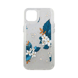 iPhone 14 Plus -kuori, jossa kuvio siniset lehdet