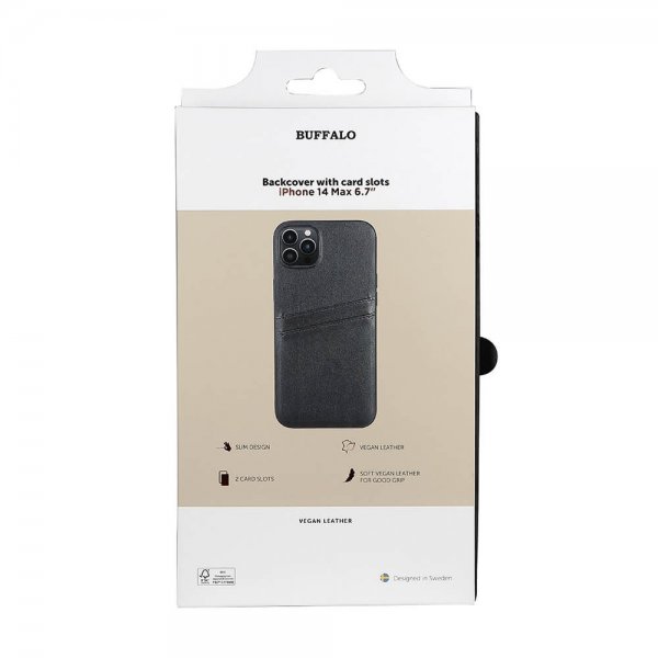 Buffalo iPhone 14 Plus -suojakuori, jossa korttipaikat, musta