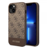 Guess iPhone 14 Plus kuoret Bottom Stripe Metal Logo ruskea