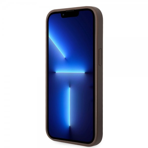 Guess iPhone 14 Plus kuoret Bottom Stripe Metal Logo ruskea