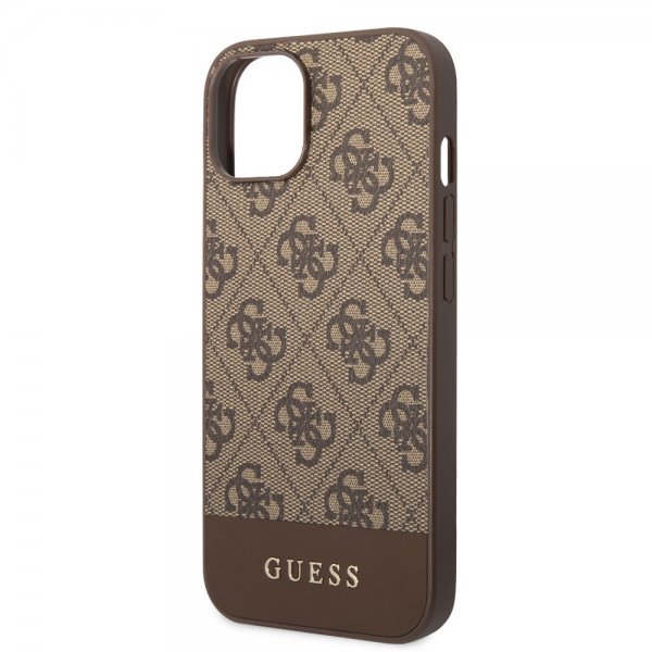 Guess iPhone 14 Plus kuoret Bottom Stripe Metal Logo ruskea