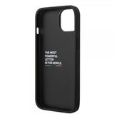 BMW iPhone 14 Plus -kuori, hiilikuitujäljitelmä, painettu logo, musta