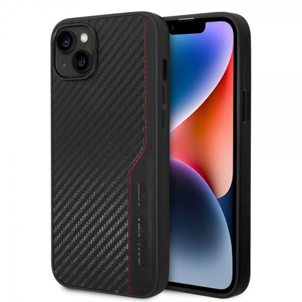 AMG iPhone 14 Plus -kuori, hiilikuitujäljitelmä, leimattu logo, musta