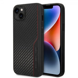AMG iPhone 14 Plus -kuori, hiilikuitujäljitelmä, leimattu logo, musta