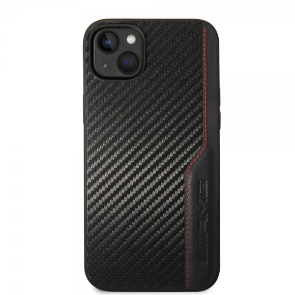AMG iPhone 14 Plus -kuori, hiilikuitujäljitelmä, leimattu logo, musta