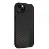 AMG iPhone 14 Plus -kuori, hiilikuitujäljitelmä, leimattu logo, musta