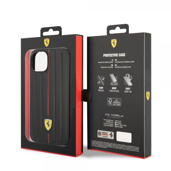 Ferrari iPhone 14 Plus -kuori, kohokuvioidut raidat, punainen