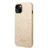 Guess iPhone 14 Plus -suojakuori Glitter Flakes Metal Logo, kulta