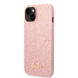 Guess iPhone 14 Plus -suojakuori, Glitter Flakes, metallilogo, vaaleanpunainen