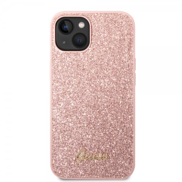 Guess iPhone 14 Plus -suojakuori, Glitter Flakes, metallilogo, vaaleanpunainen