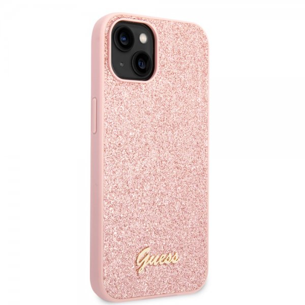 Guess iPhone 14 Plus -suojakuori, Glitter Flakes, metallilogo, vaaleanpunainen
