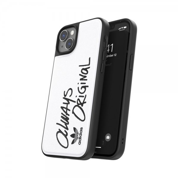 Adidas iPhone 14 Plus -kuori, upotettu kirjailu, valkoinen/musta