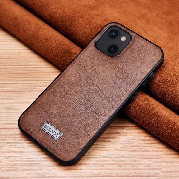 Sulada iPhone 14 Plus -kuori, nahkakuvioitu, ruskea