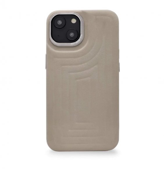 Decoded iPhone 14 Plus -nahkakotelo, jossa kohokuvioitu Clay-takaosa