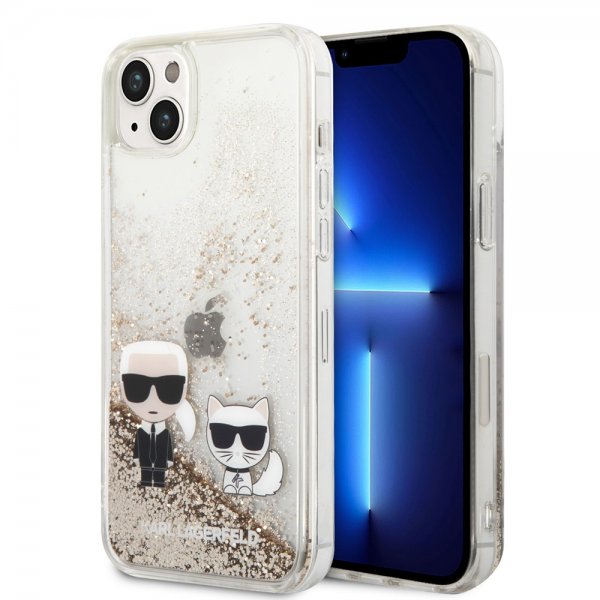 Karl Lagerfeld iPhone 14 Plus -kuori Liquid Glitter Karl & Choupette Gold
