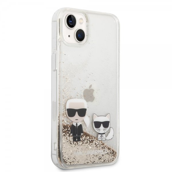 Karl Lagerfeld iPhone 14 Plus -kuori Liquid Glitter Karl & Choupette Gold
