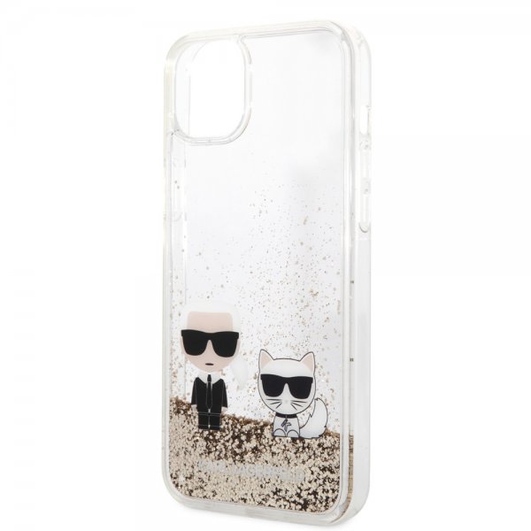 Karl Lagerfeld iPhone 14 Plus -kuori Liquid Glitter Karl & Choupette Gold