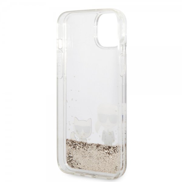Karl Lagerfeld iPhone 14 Plus -kuori Liquid Glitter Karl & Choupette Gold