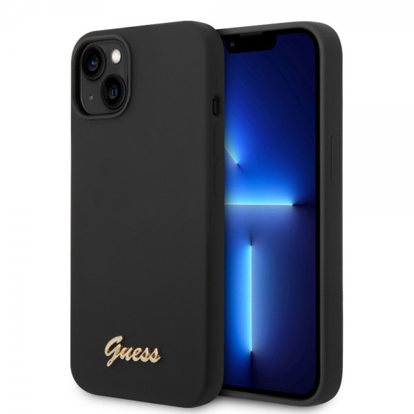 Guess iPhone 14 Plus -kuori Liquid Silicone Metal Logo, musta