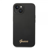 Guess iPhone 14 Plus -kuori Liquid Silicone Metal Logo, musta