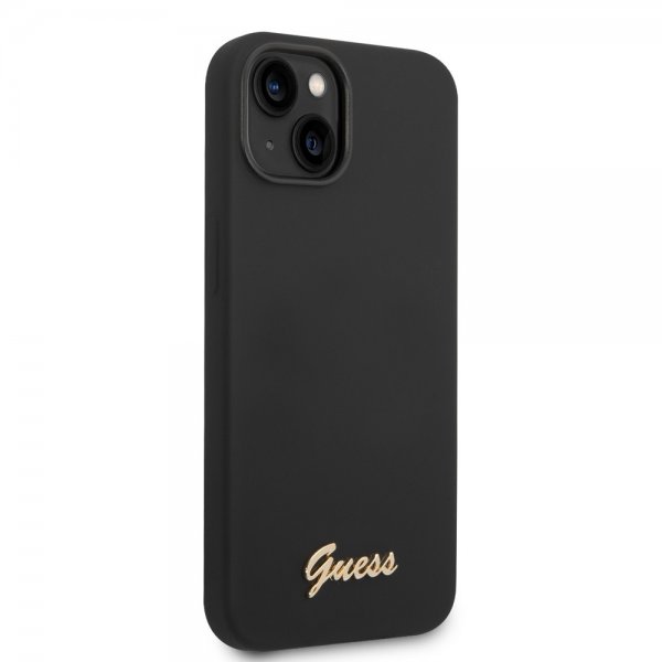 Guess iPhone 14 Plus -kuori Liquid Silicone Metal Logo, musta