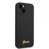 Guess iPhone 14 Plus -kuori Liquid Silicone Metal Logo, musta