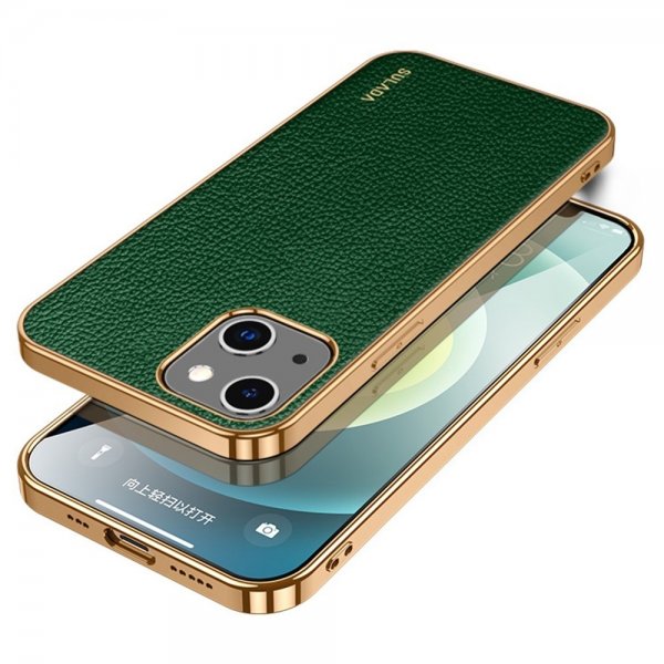 Sulada iPhone 14 Plus -kuori litsikuvioitu, kullattu reuna, vihreä