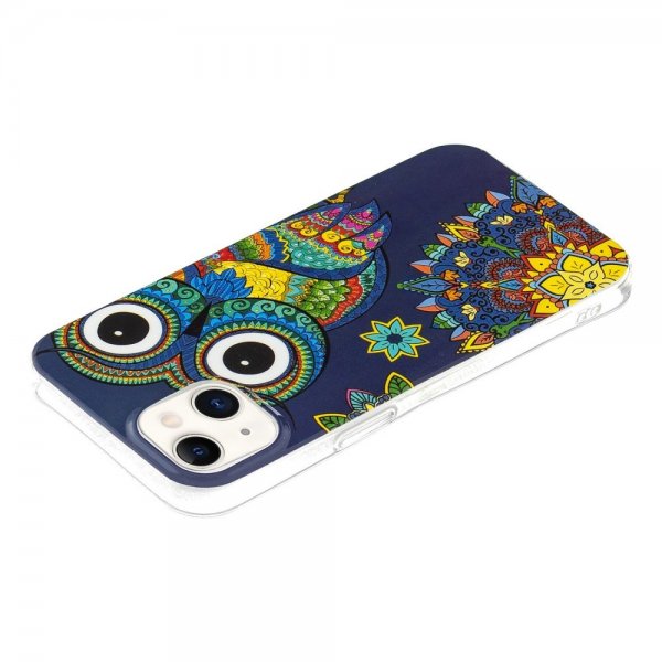 iPhone 14 Plus -kuori, jossa värikäs pöllö -kuvio